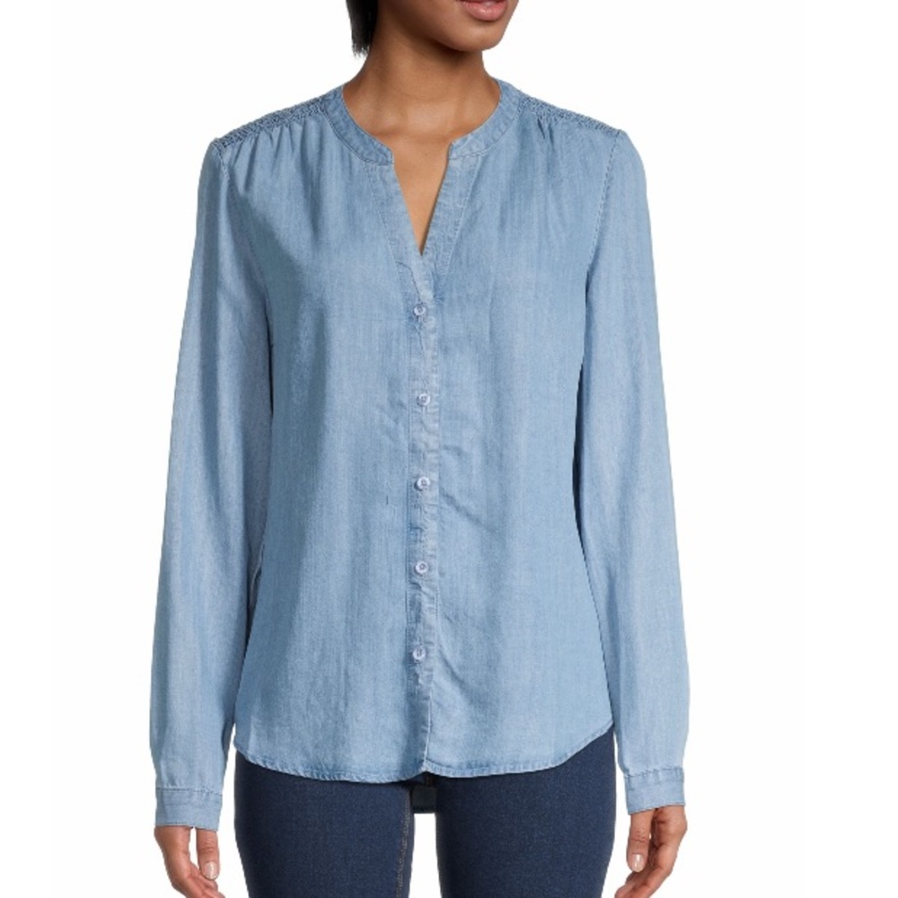 For The Republic Chambray Splitneck Shirt Top Blouse